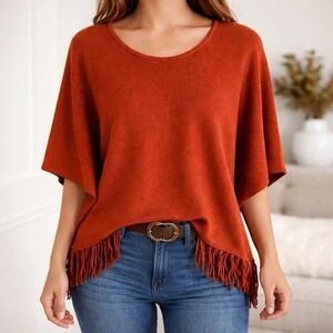 Relativity Womens Rust Orange Fringe Knit Poncho Sweater Oversized Boho Large